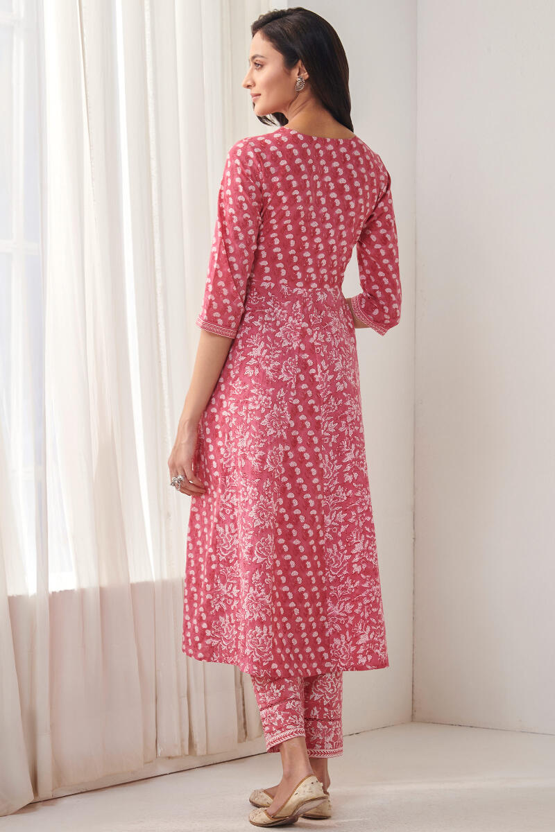 Pink Hand Block Printed A-Line Cotton Kurta