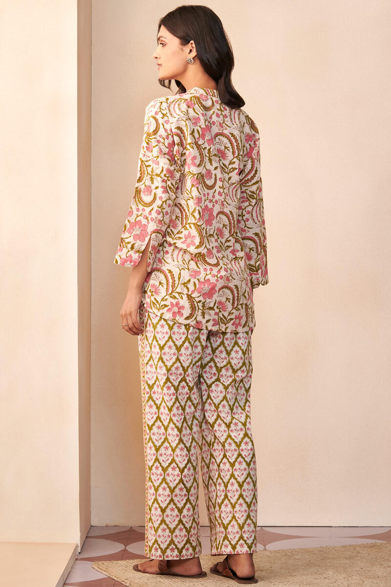 Off-White Hand Block Printed Cotton Loungewear Set