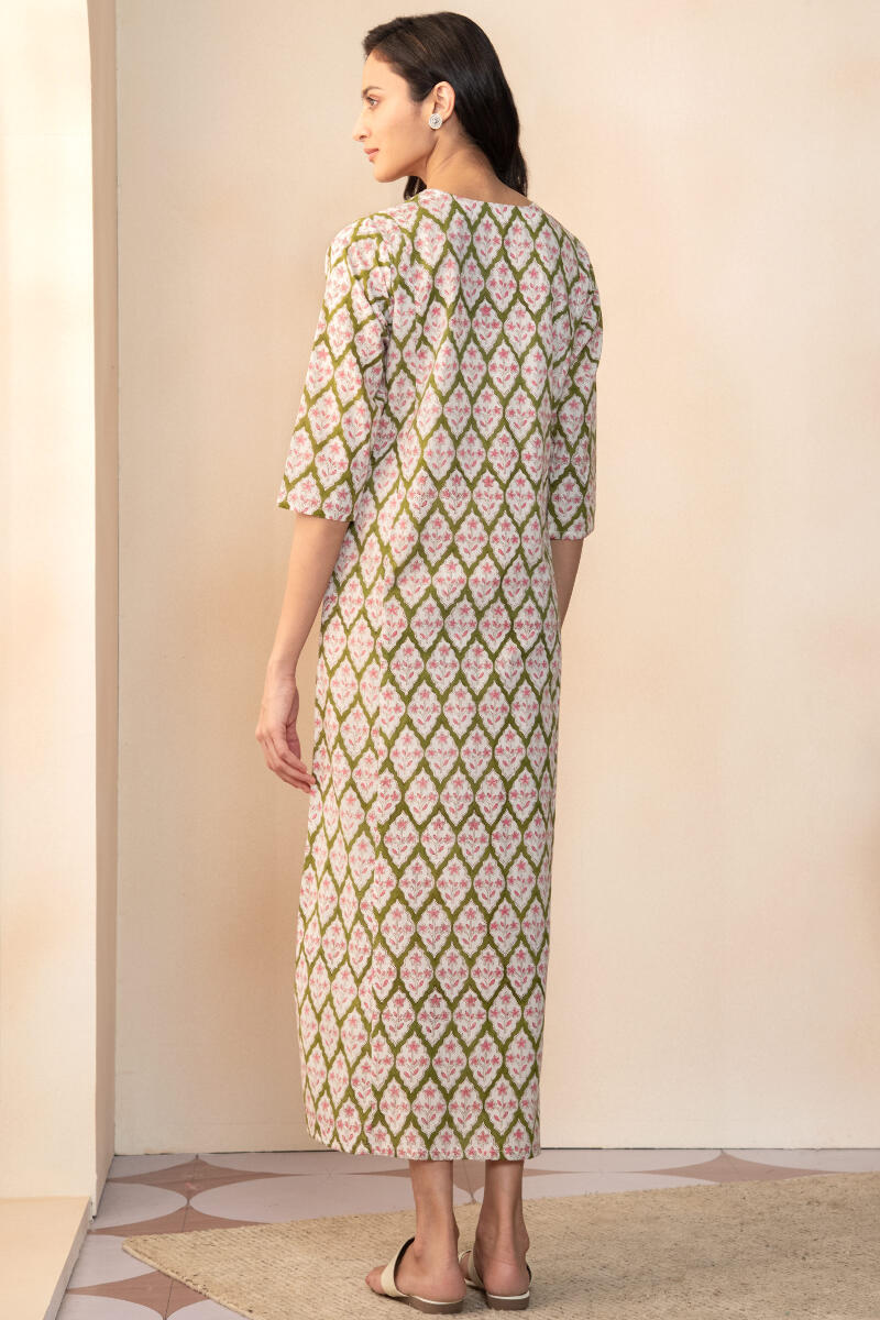 Off-White Hand Block Printed Cotton Kaftan
