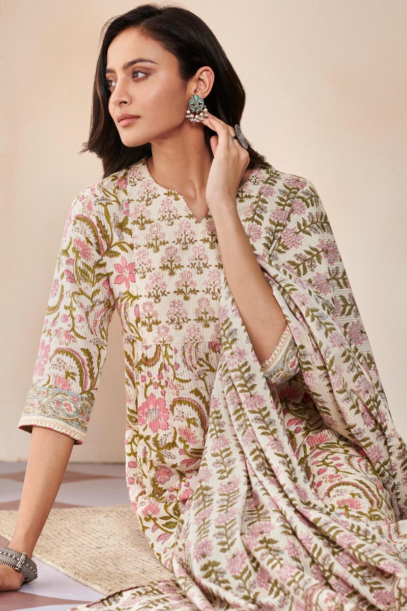 Off-White Hand Block Printed A-Line Cotton Dobby Kurta