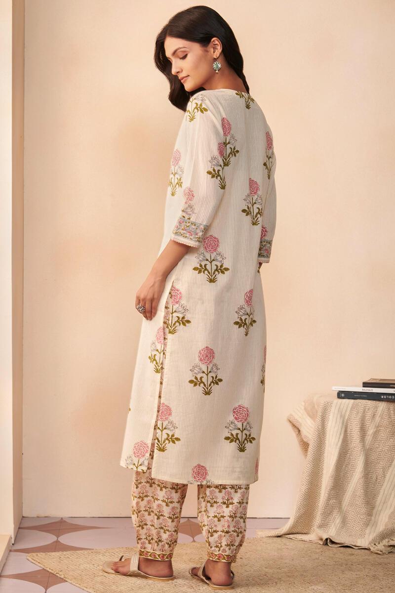 Off-White Hand Block Printed Straight Cotton Kurta
