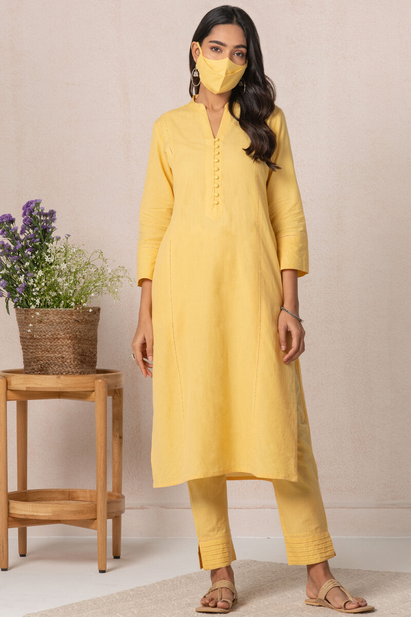 Yellow Handcrafted Straight Cotton Kurta