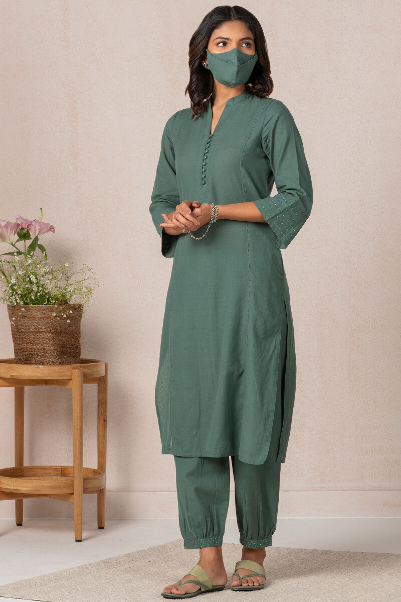 Green Handcrafted Straight Cotton Kurta