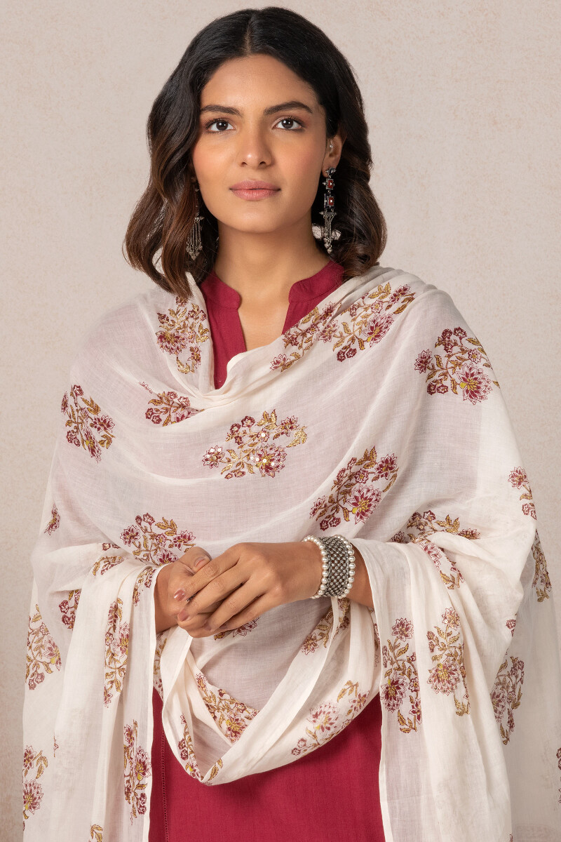 Beige Block Printed Cotton Dupatta