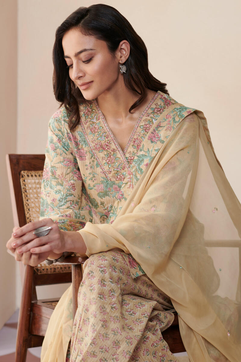Mustard Hand Block Printed Straight Cotton Kurta