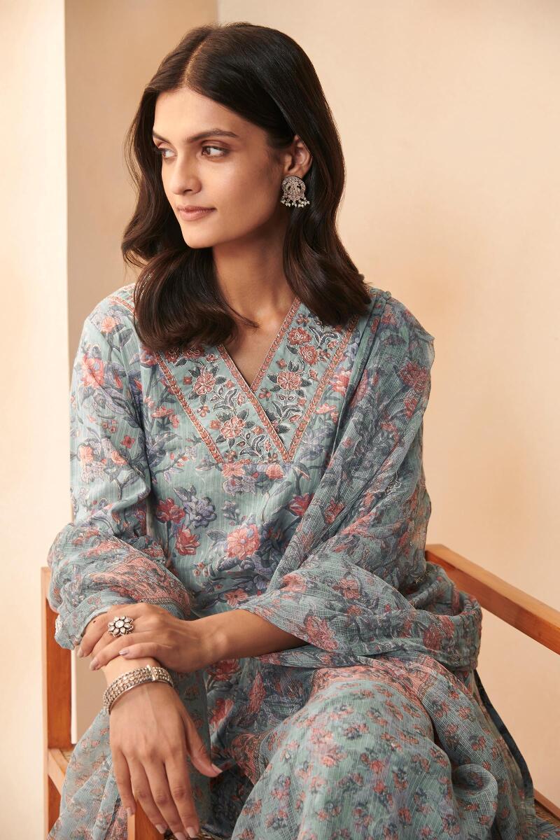 Blue Hand Block Printed Straight Cotton Kurta