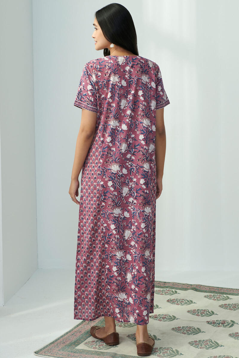Maroon Hand Block Printed Cotton Kaftan