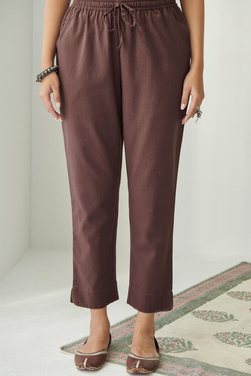 Brown Handcrafted Cotton Narrow Pants