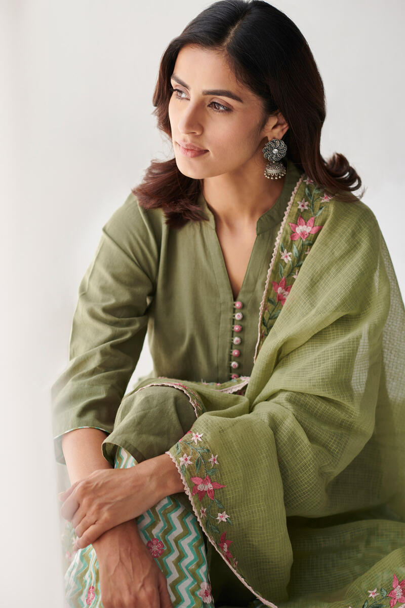 Green Handcrafted Straight Cotton Kurta