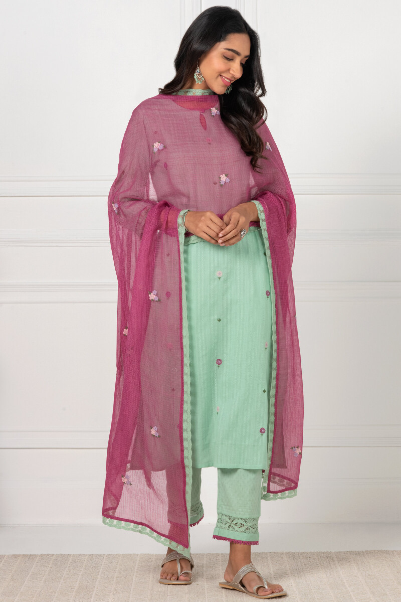 Green Handcrafted Straight Cotton Dobby Kurta
