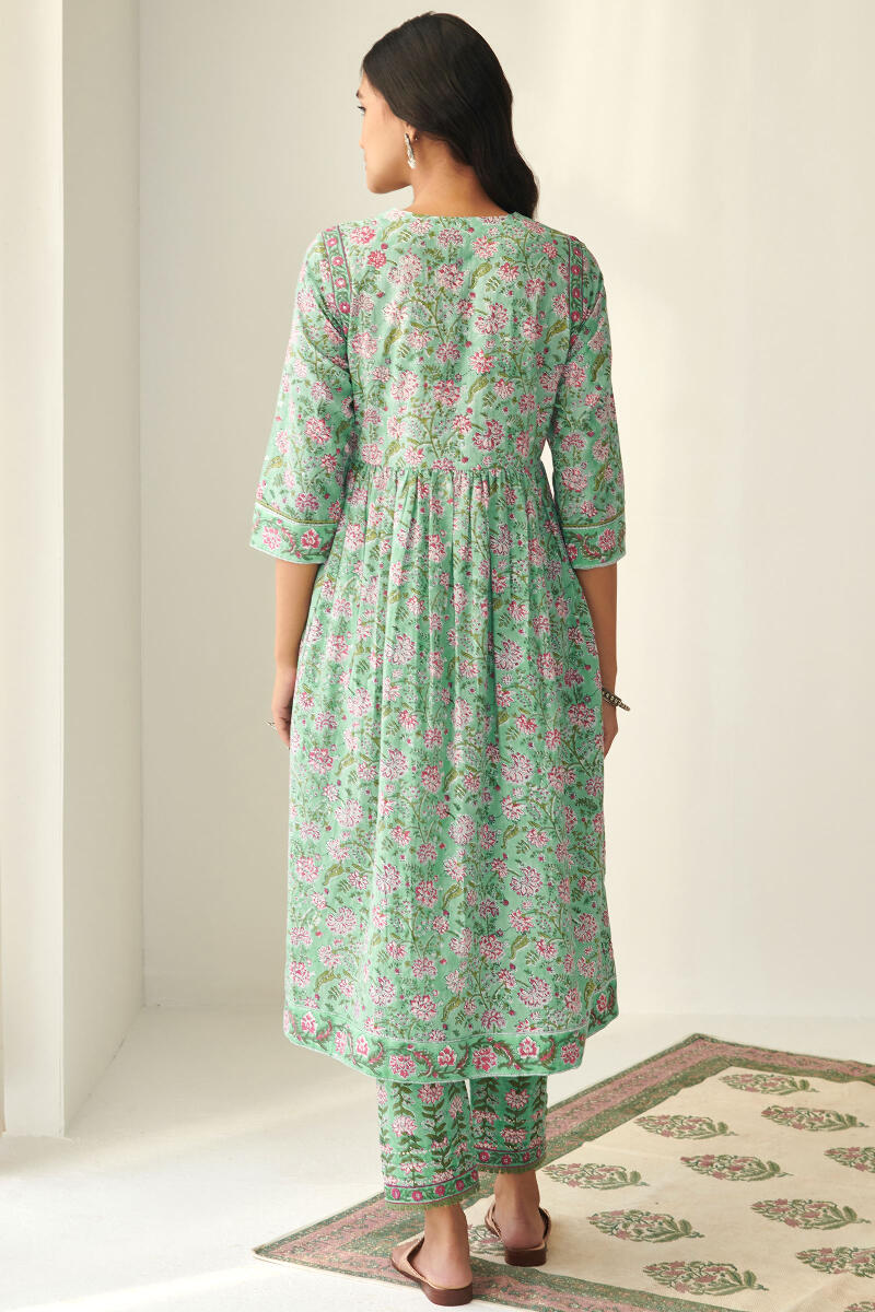 Green Hand Block Printed A-Line Cotton Kurta