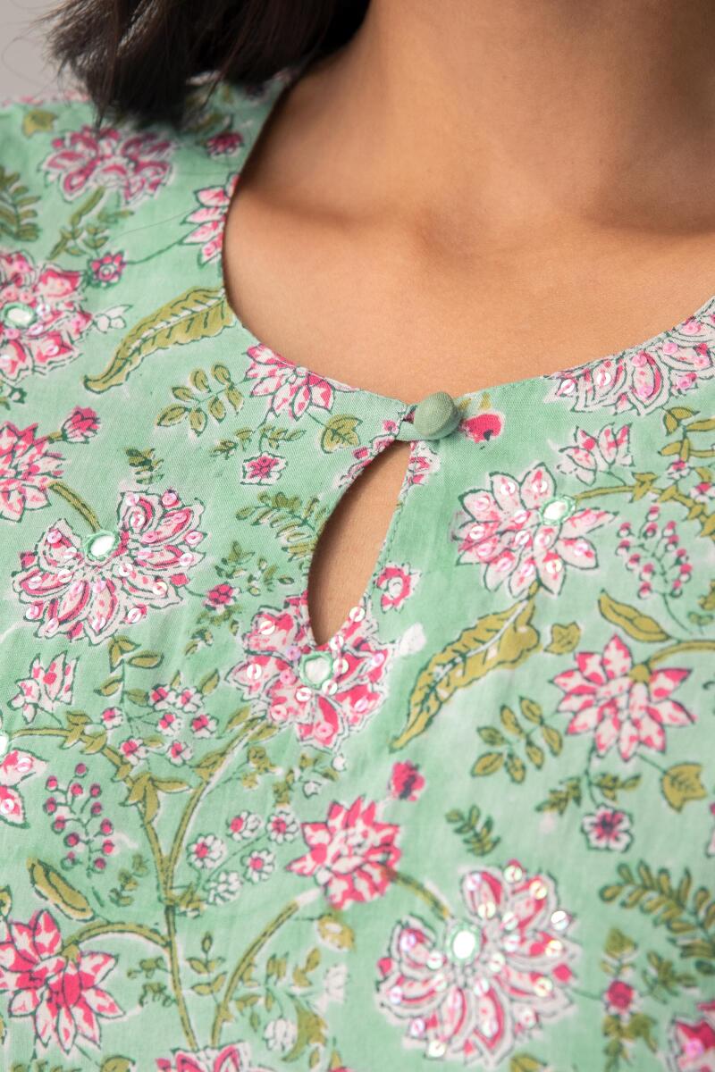 Green Hand Block Printed A-Line Cotton Kurta