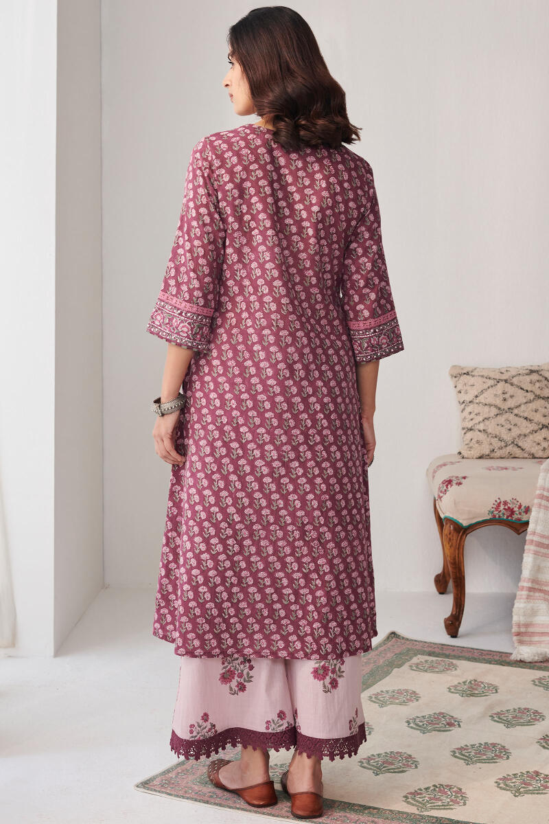 Purple Hand Block Printed A-Line Cotton Kurta