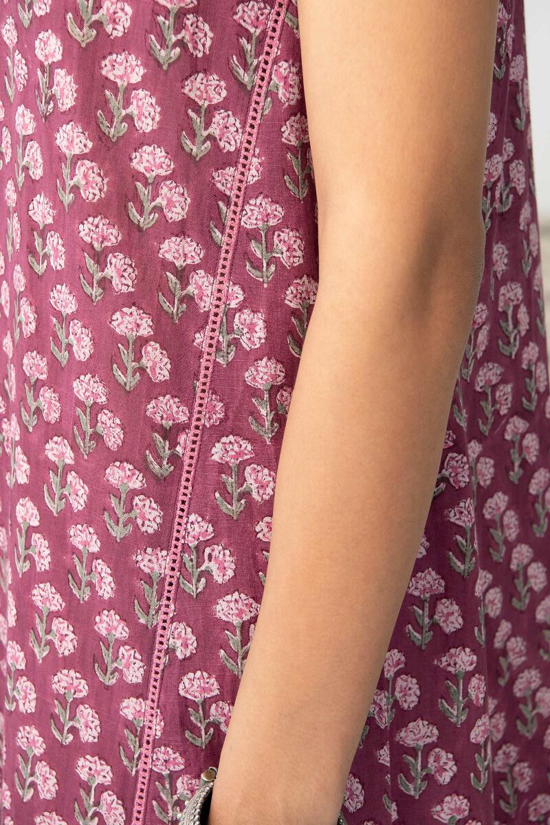 Purple Hand Block Printed A-Line Cotton Kurta