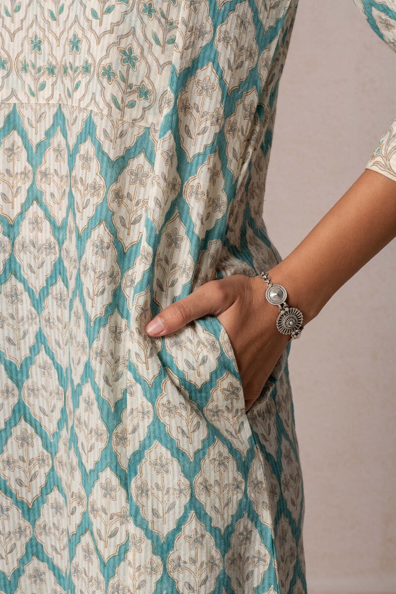 Blue Block Printed Cotton Kaftan