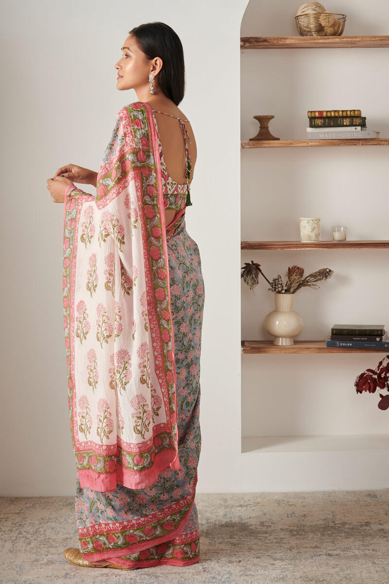 Pink Block Printed Cotton Silk Saree