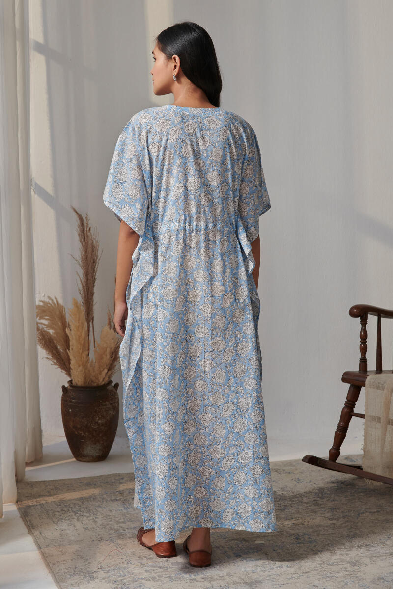 Blue Block Printed Cotton Kaftan