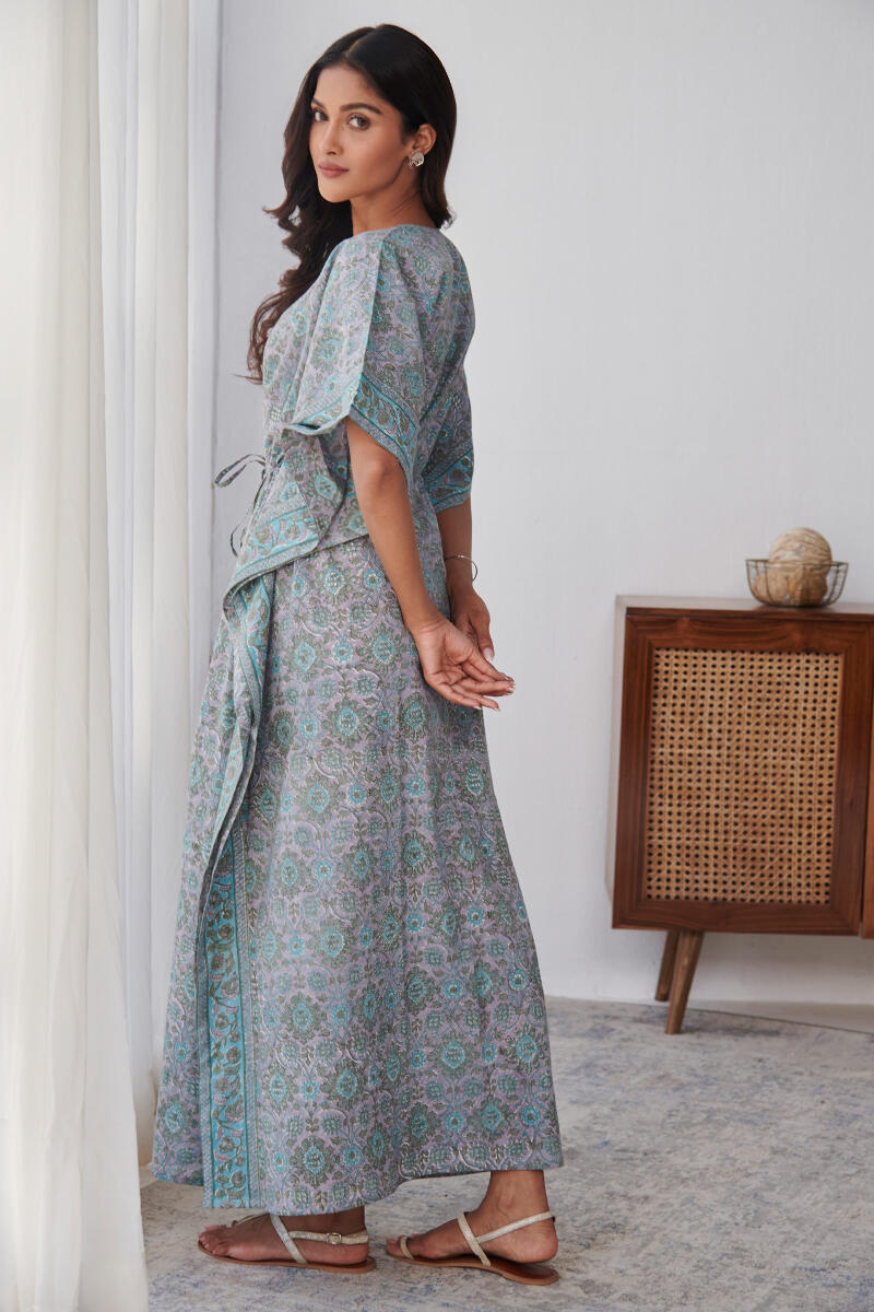Grey Block Printed Cotton Kaftan
