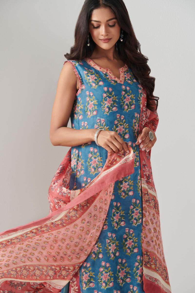 Blue Block Printed Straight Cotton Modal Kurta