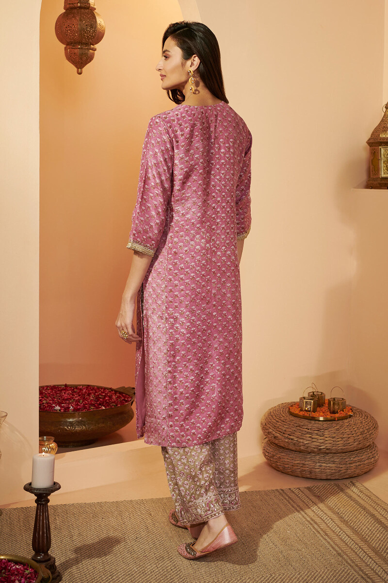 Purple Hand Block Printed A-Line Silky Modal Kurta