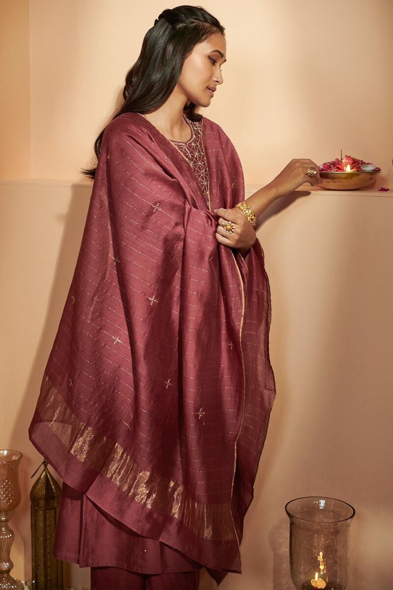 Maroon Handcrafted Straight Chanderi Kurta