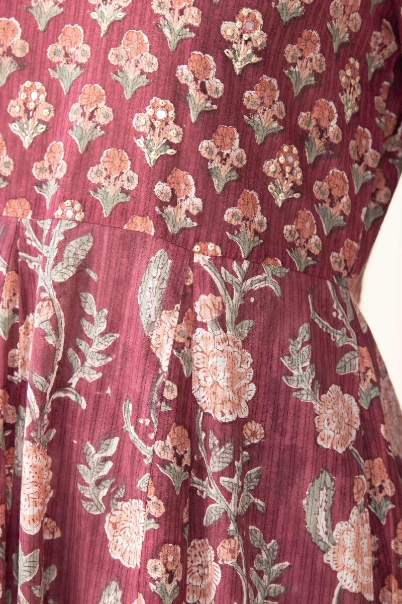 Maroon Hand Block Printed Anarkali Cotton Kurta
