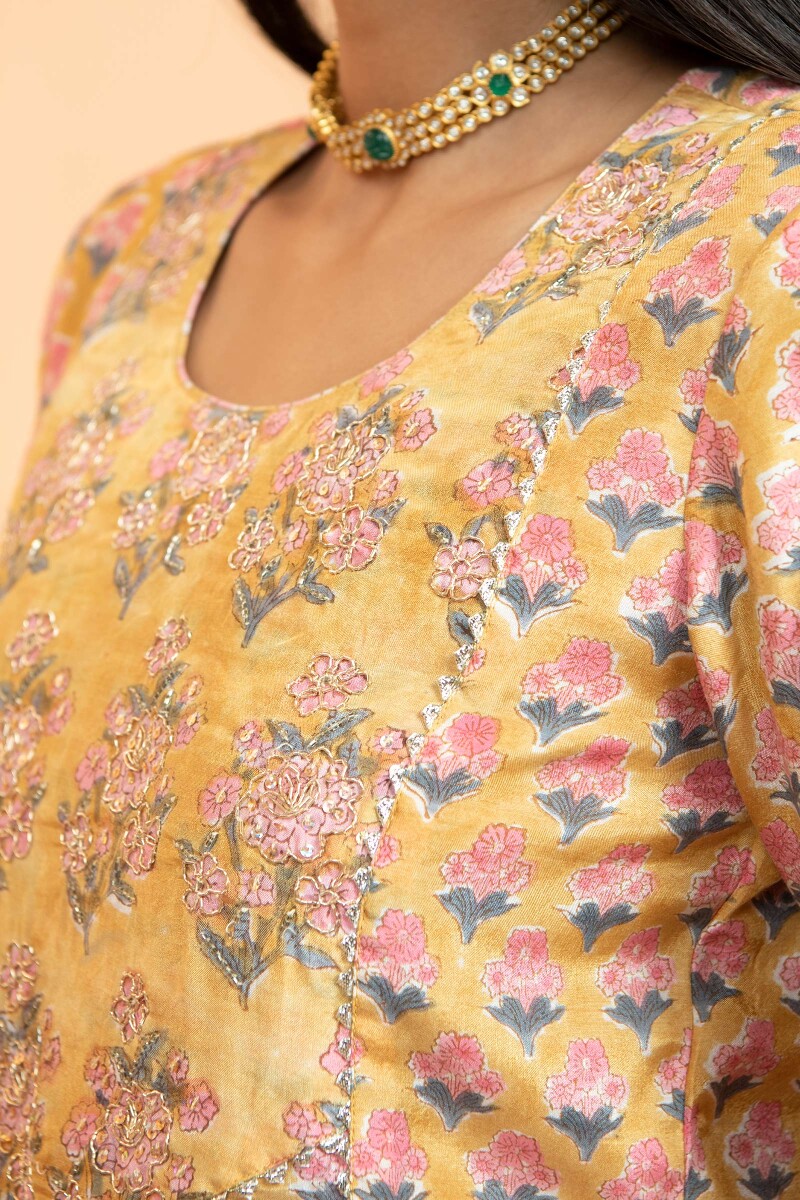 Yellow Hand Block Printed Modal Kurta