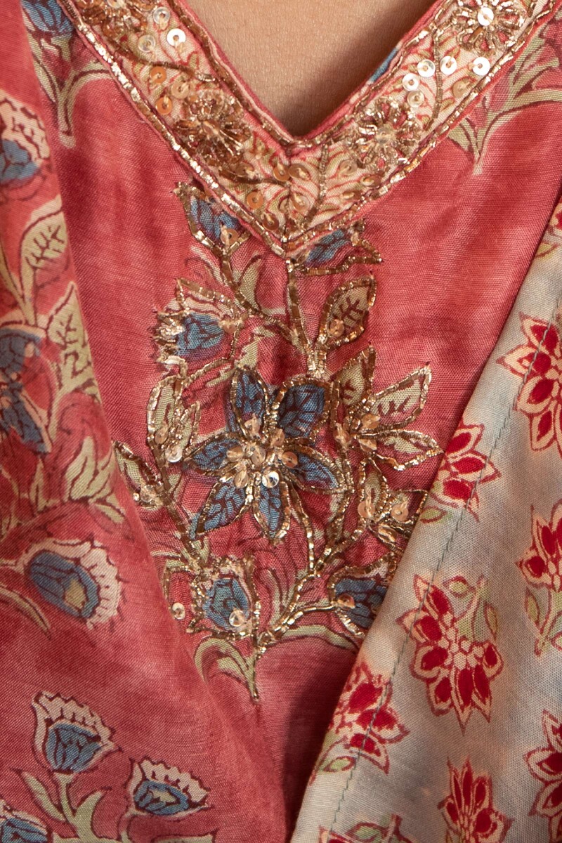 Red Hand Block Printed Straight Modal Kurta