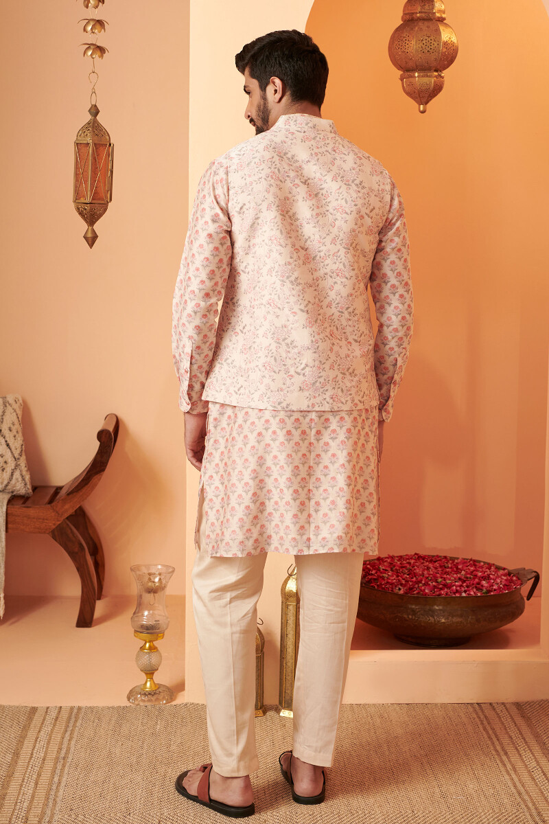 Pink Hand Block Printed Chanderi Nehru Jacket