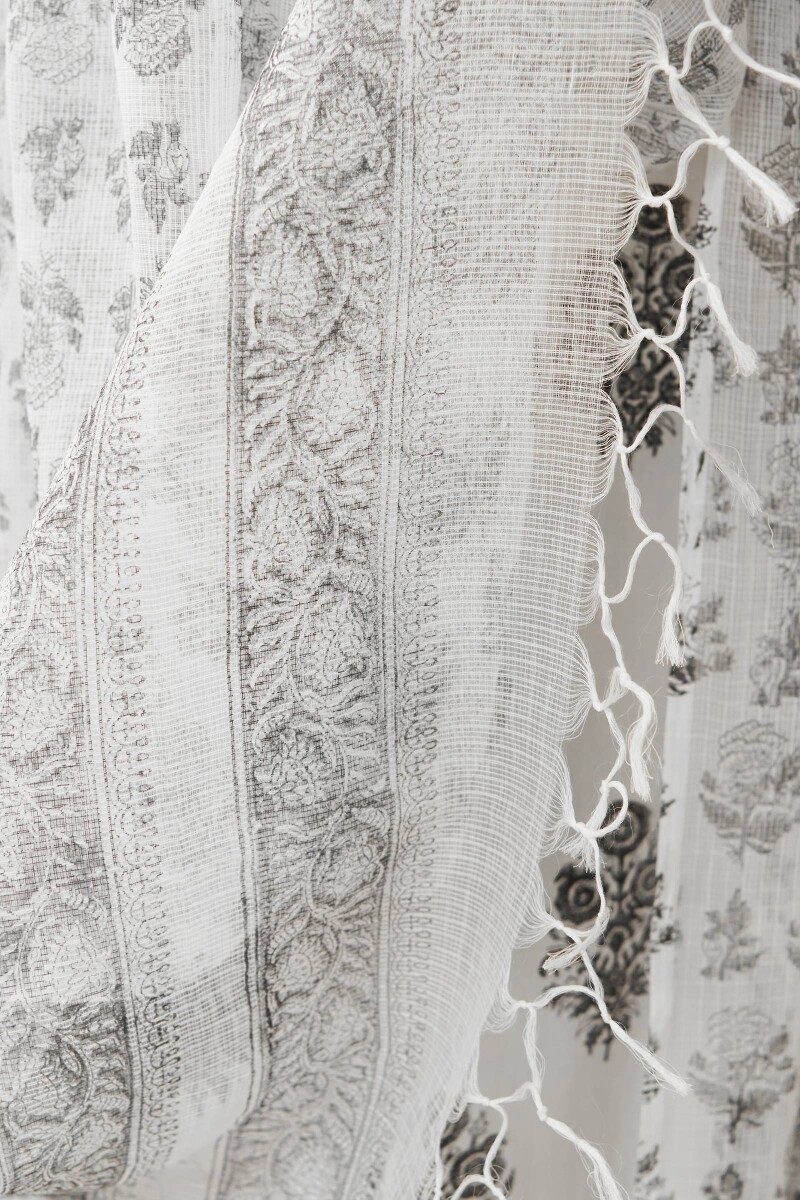 White Hand Block Printed Kota Dupatta