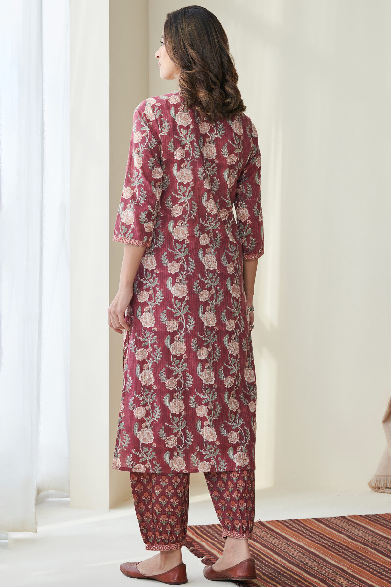 Maroon Hand Block Printed Straight Cotton Kurta
