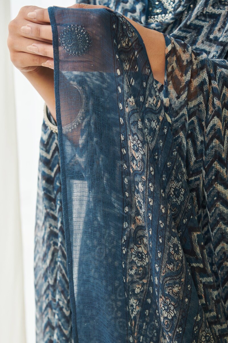 Indigo Hand Block Printed Kota Dupatta