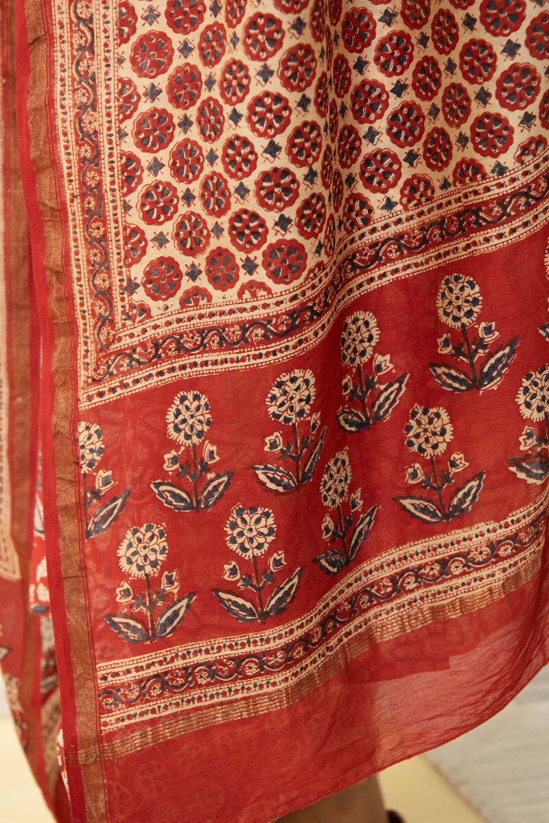 Red Hand Block Printed Chanderi Dupatta