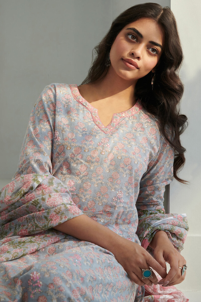 Grey Hand Block Printed Straight Cotton Kurta