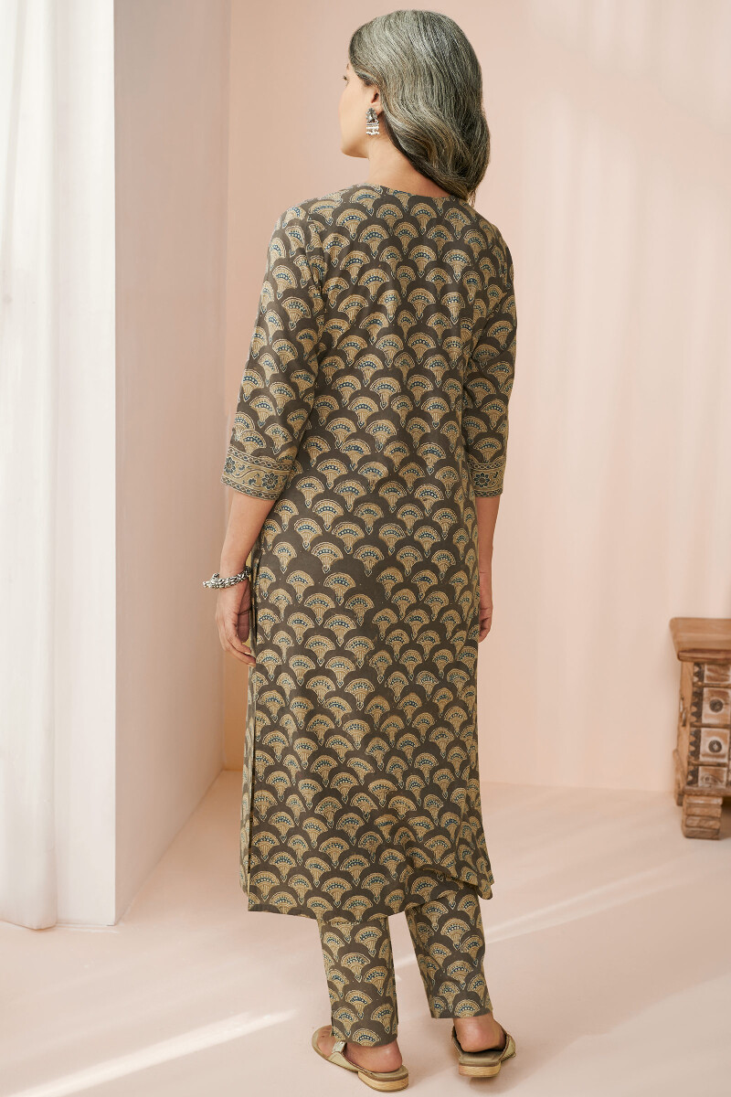 Brown Hand Block Printed Straight Cotton Kurta