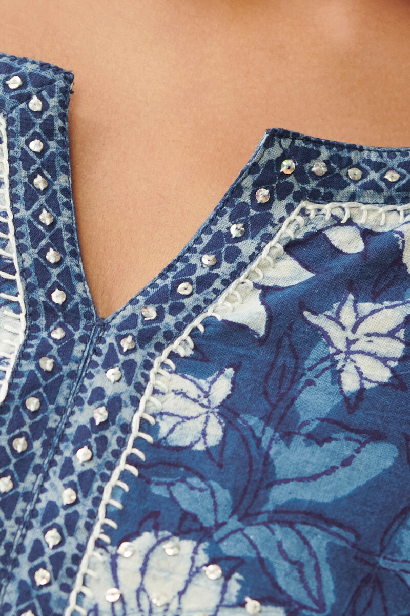 Indigo Hand Block Printed Straight Cotton Kurta