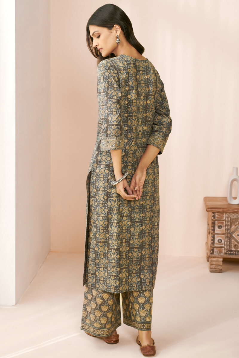 Brown Hand Block Printed Straight Cotton Kurta