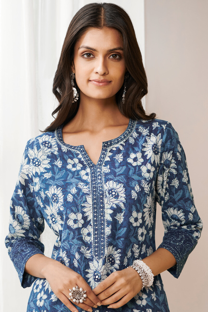 Indigo Hand Block Printed Straight Cotton Kurta