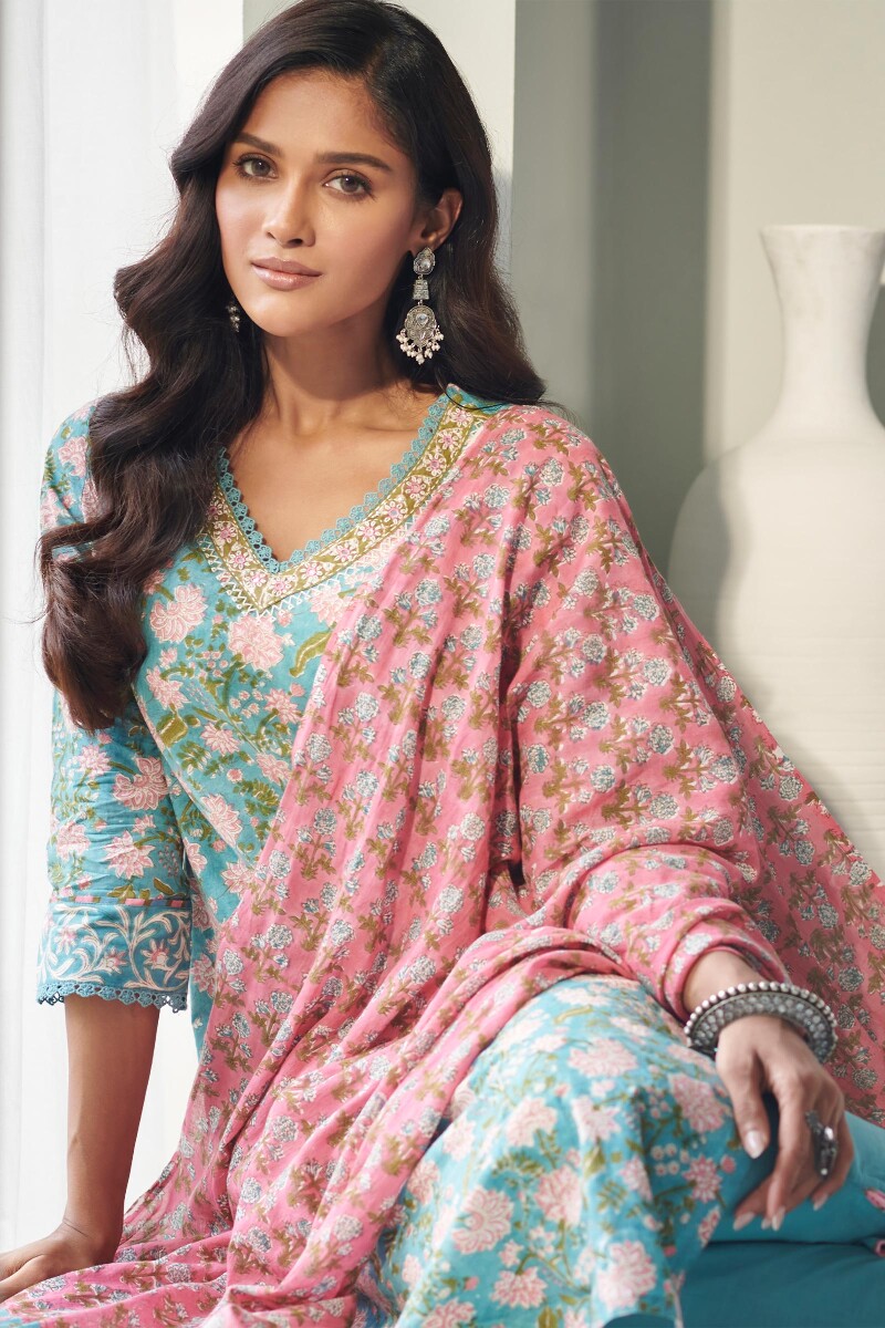 Pink Block Printed Cotton Dupatta