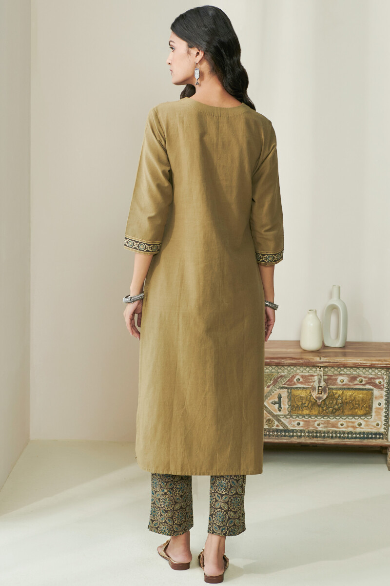Olive Green Hand Block Printed Straight Handloom Kurta
