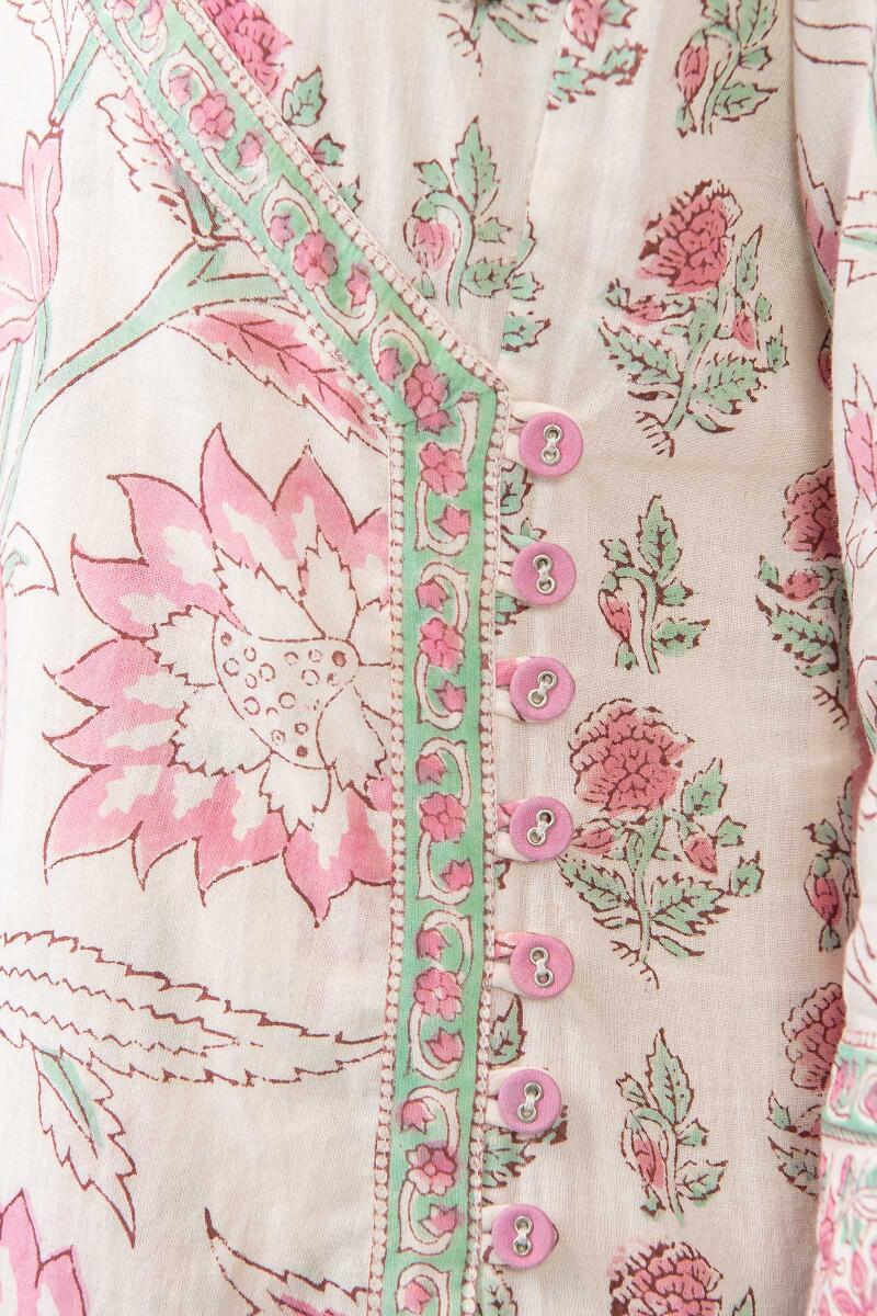 White Hand Block Printed Angrakha Cotton Kurta