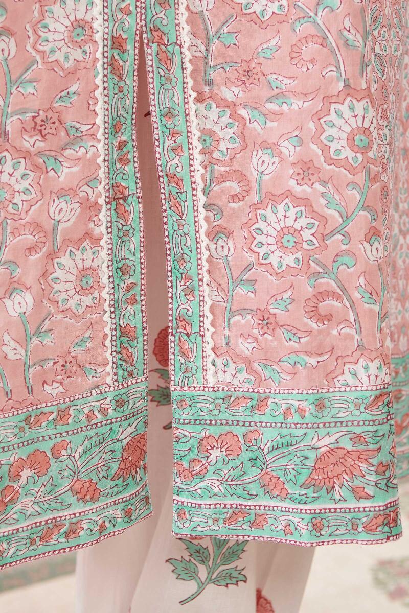 Pink Hand Block Printed A-Line Cotton Kurta