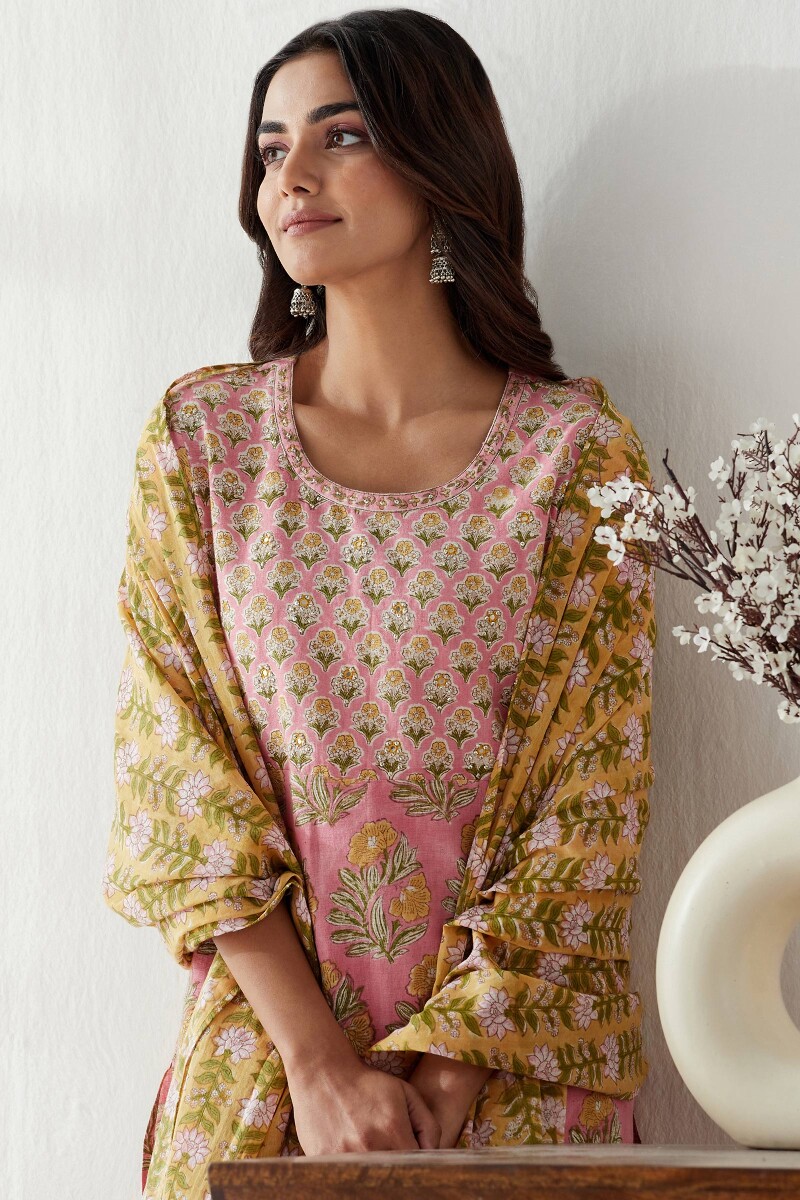 Pink Hand Block Printed Straight Cotton Flax Kurta