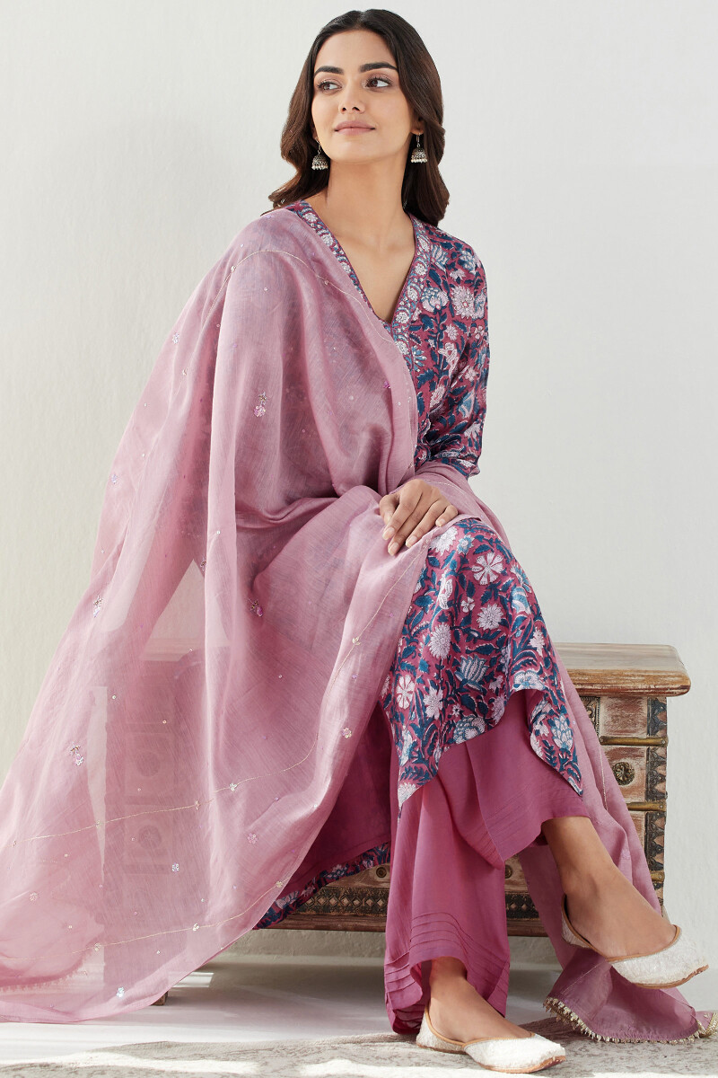 Purple Hand Block Printed Straight Chanderi Kurta