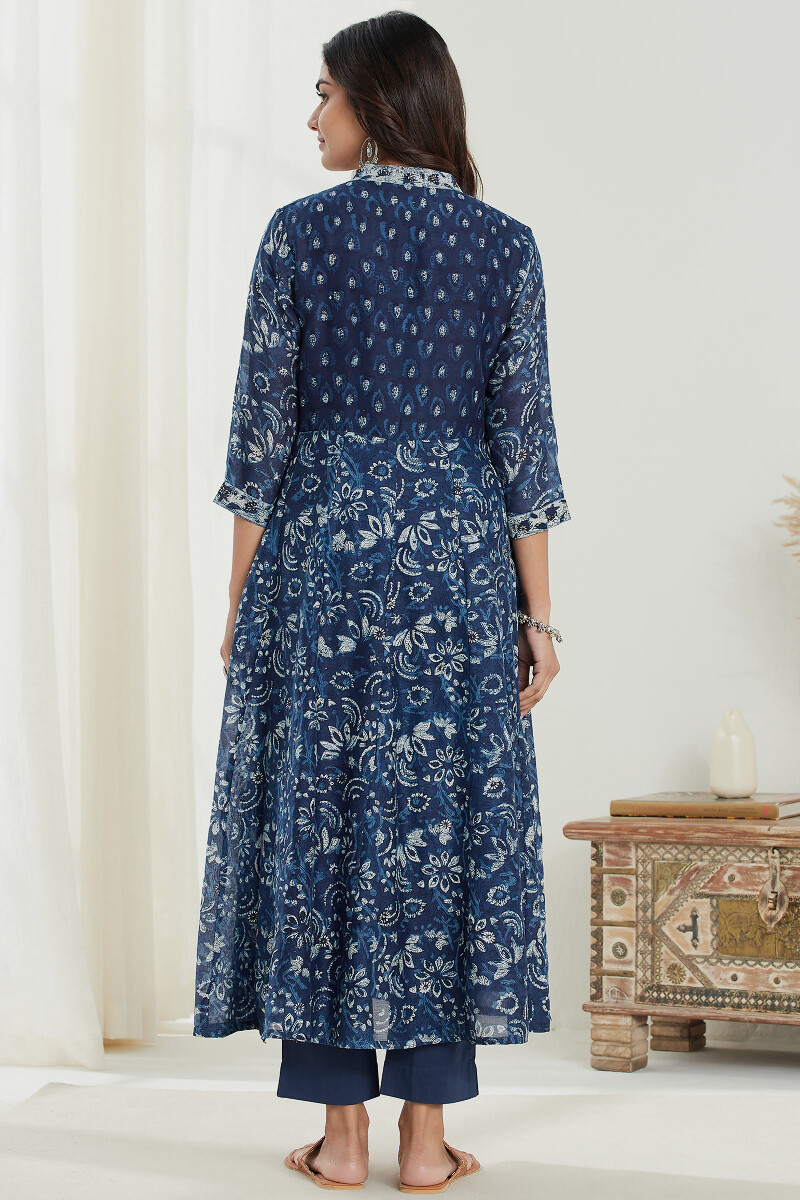 Indigo Hand Block Printed Anarkali Chanderi Kurta