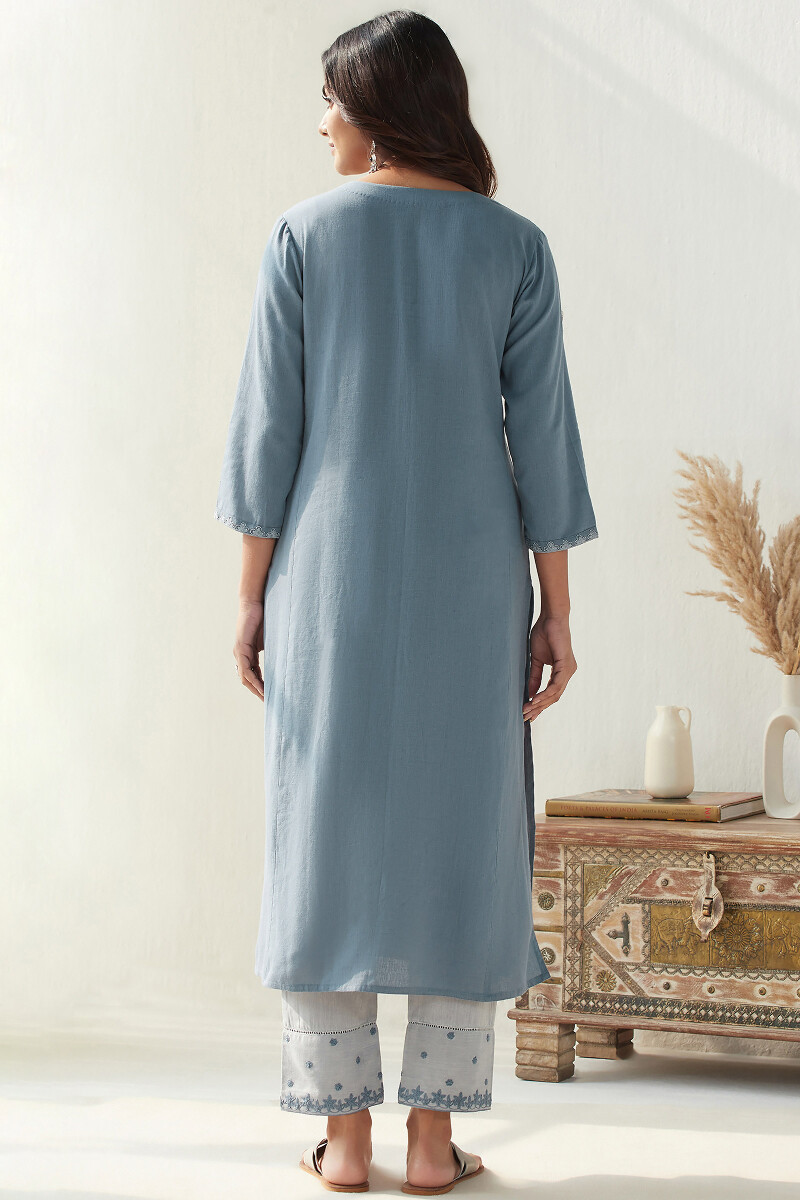 Blue Handcrafted Straight Cotton Flax Kurta