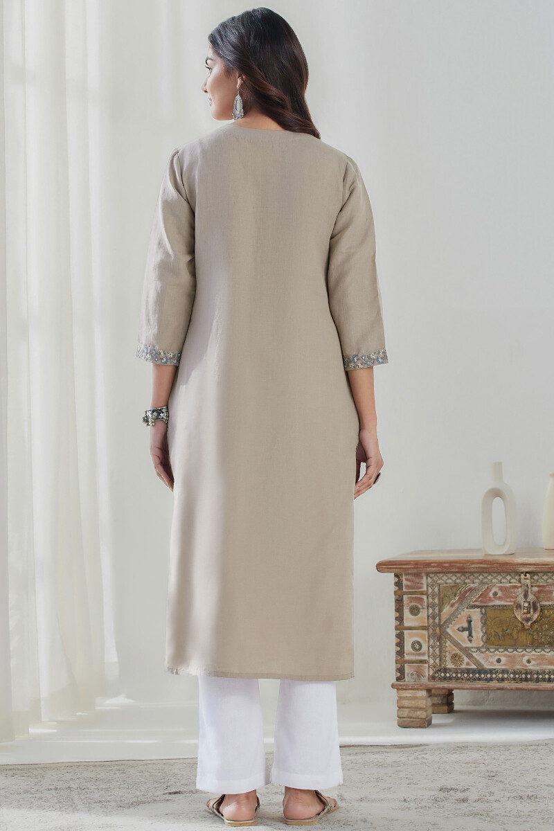 Beige Handcrafted Straight Cotton Linen Kurta