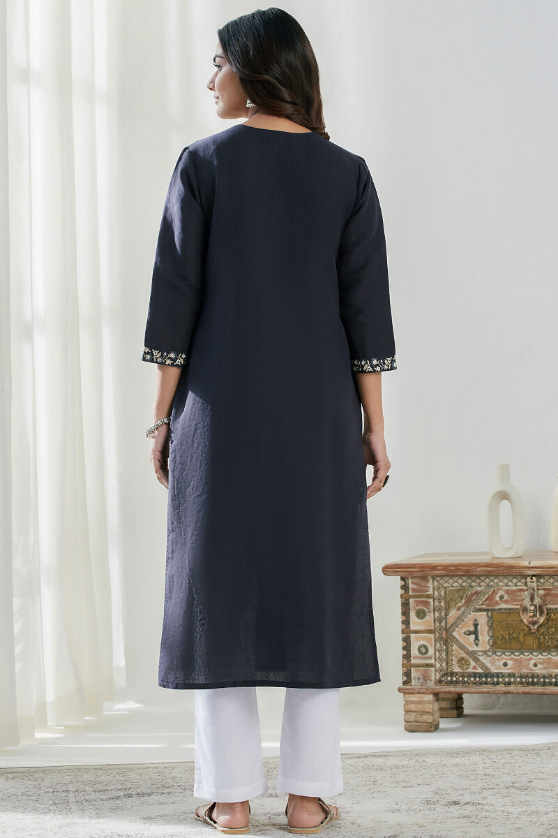 Blue Handcrafted Straight Cotton Linen Kurta