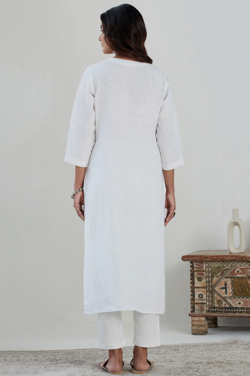 White Handcrafted Straight Linen Kurta