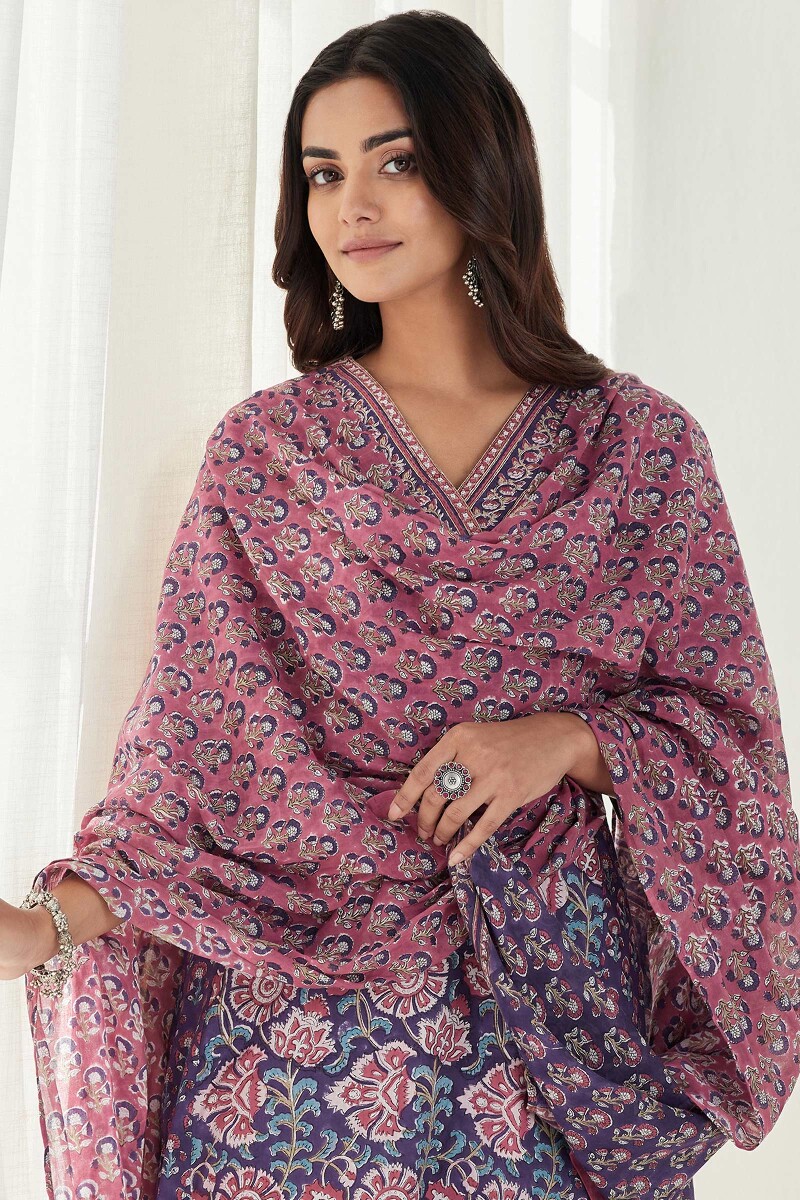 Purple Hand Block Printed Straight Cotton Kurta
